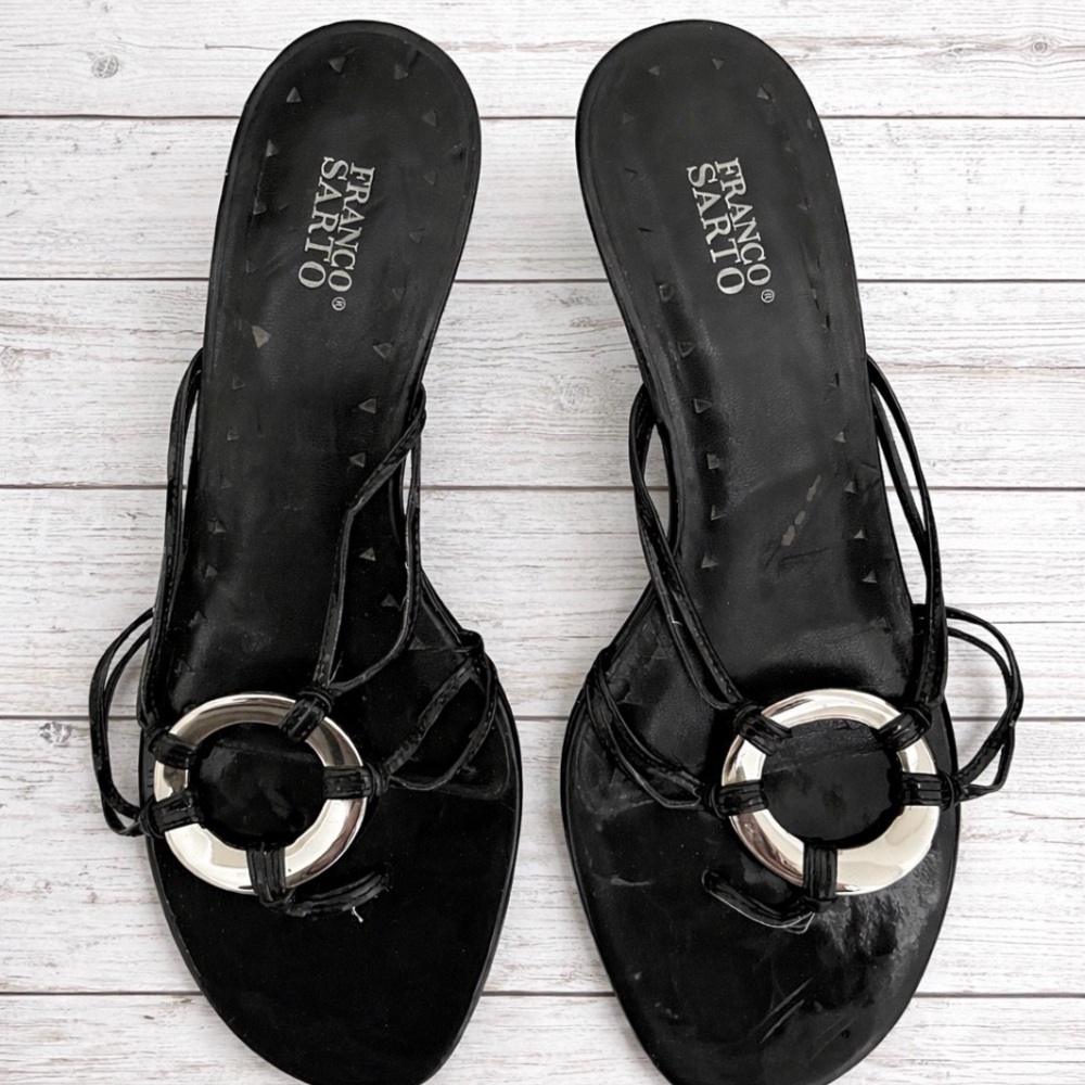 Franco Sarto Black Strappy Heeled Sandals with Silver Accent